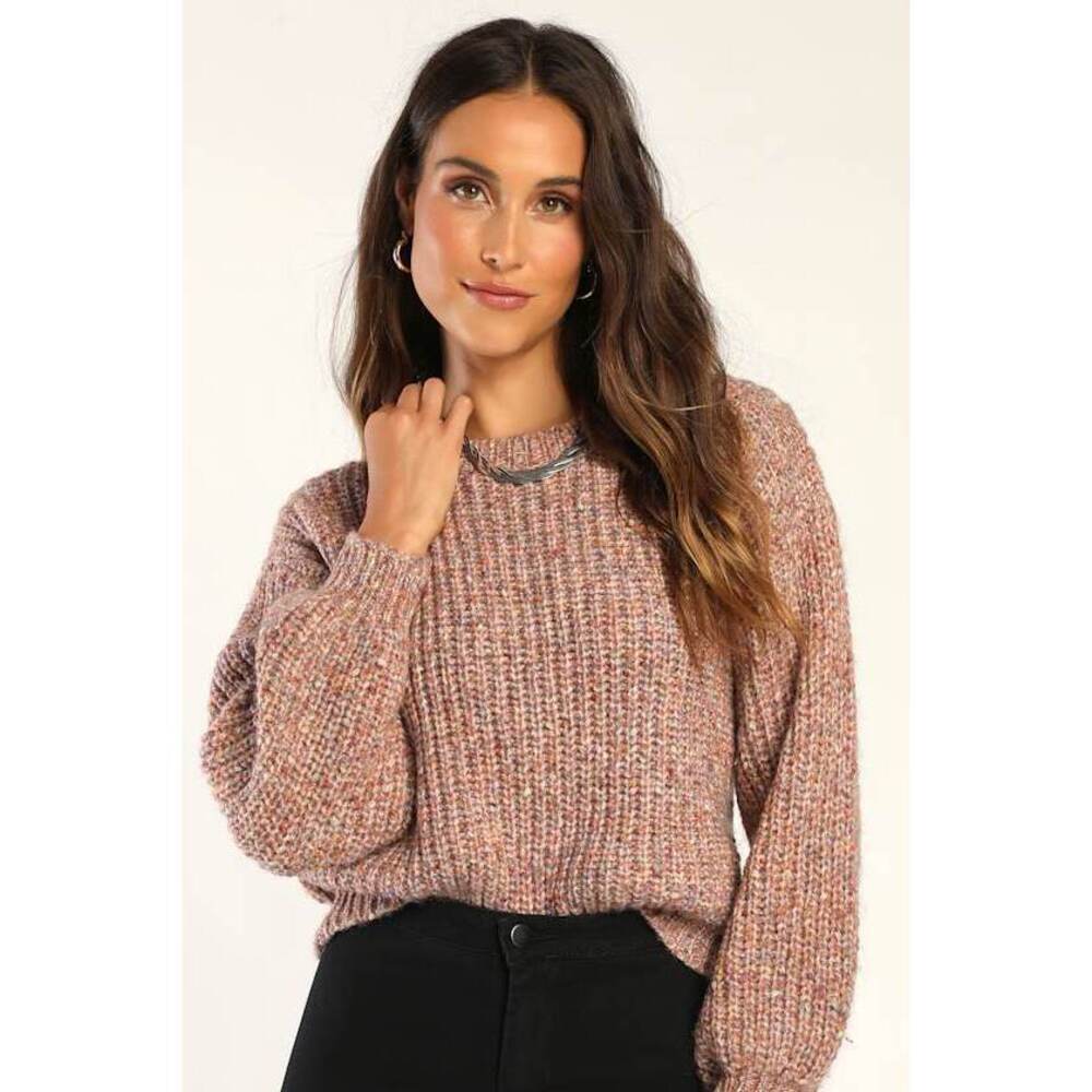 Lulus Cuddly Keepsake Mauve Multi Knit Pullover Sweater Pink - Size S
